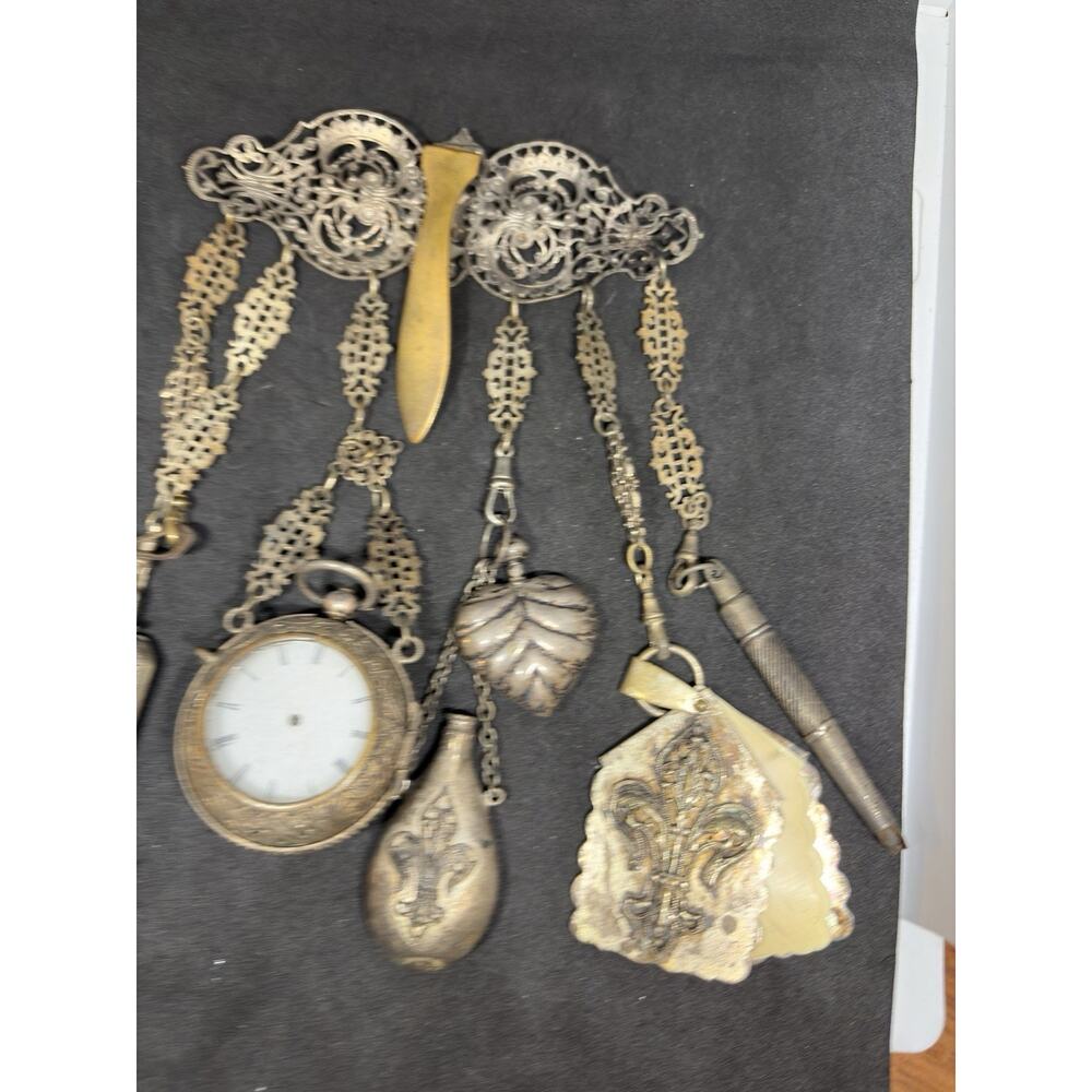 Rare Victorian Chatelaine 19C 7 Piece Scent Bottle Watch Powder Compact Notebook - Picture 10 of 13